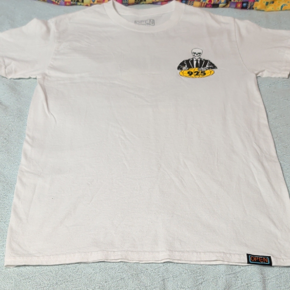 White Graphic Tee with Yellow Logo Chest Print